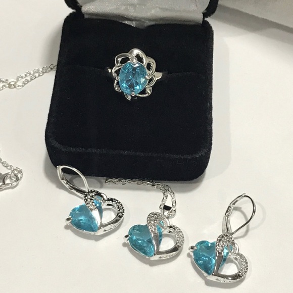 Aquamarine Topaz White Gold Filled Set
Double Heart Necklace & Earrings, + - Picture 8 of 9